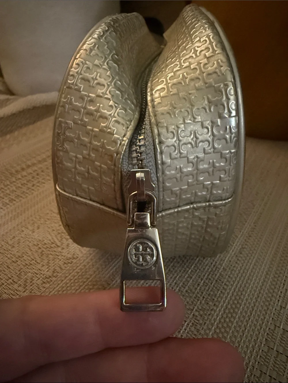 Tory Burch Silver Embossed Oval Cosmetic Case